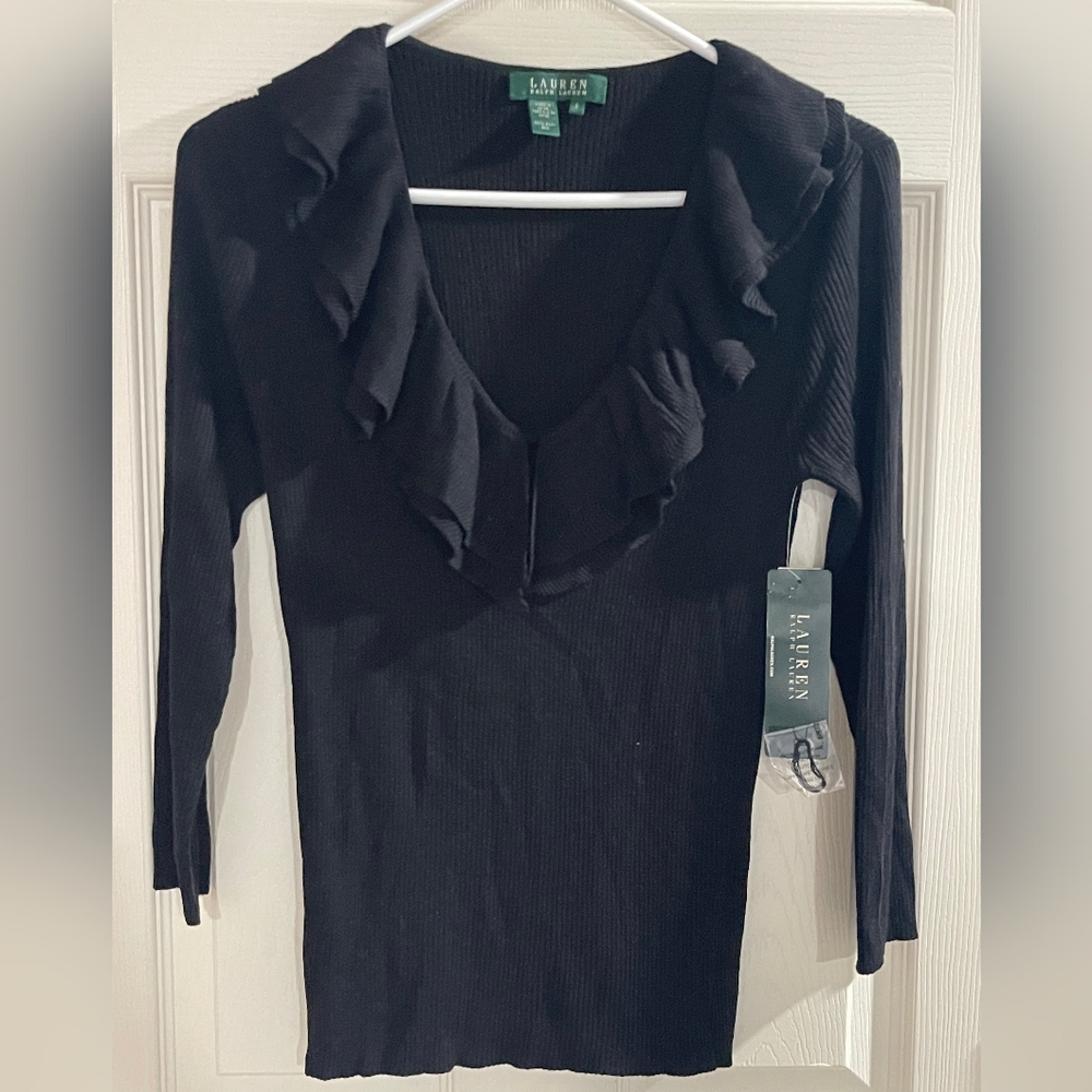 NWT Lauren Ralph Lauren Vintage Y2K Womenz Black 100% Silk Ruffle V Neck Sweater